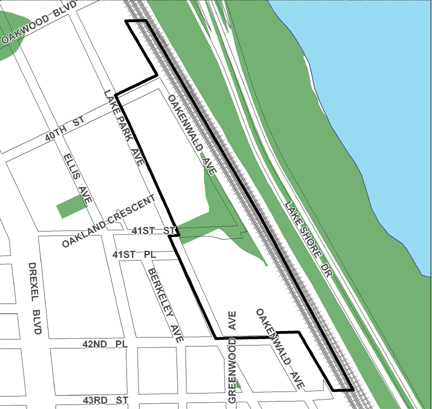 Lakefront TIF district, roughly bounded on the north by Oakwood Boulevard, 43rd Street on the south, the Canadian National/Illinois Central Railway tracks on the east, and Lake Park Avenue on the west.